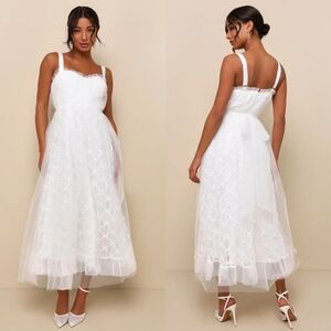 Lulus Ethereal Impression White Tulle Ruffled Bustier Midi Dress S Wedding Party